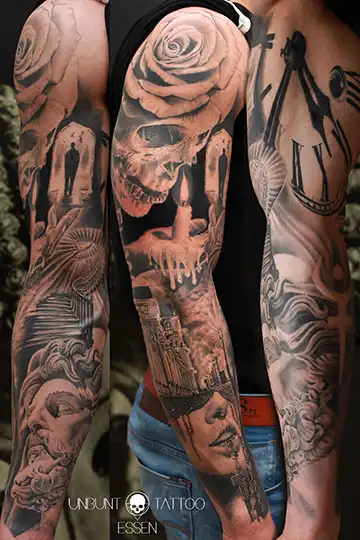 tattoo arm mann, sleeve tattoo totenkopf